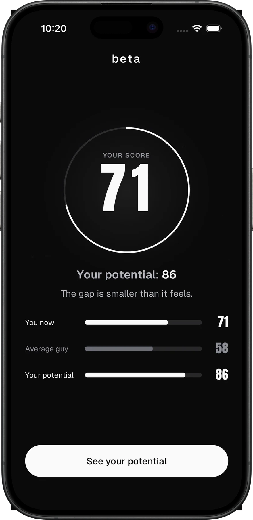 beta score screen showing a score of 71 with a potential of 86